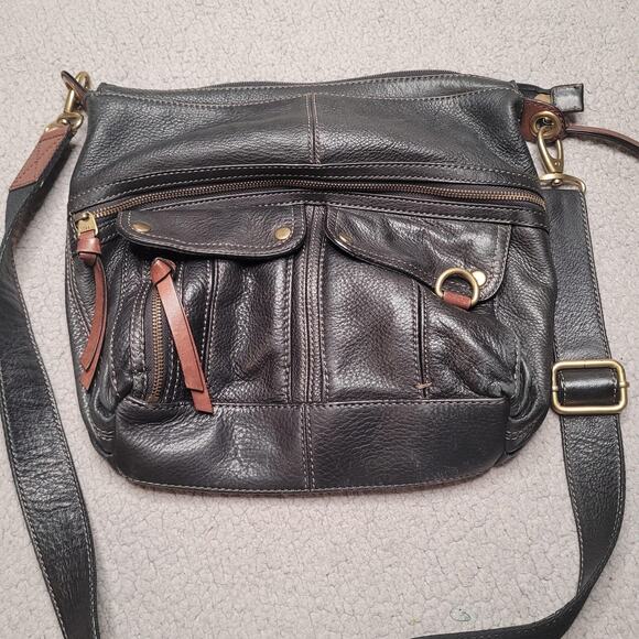 Fossil Crossbody Bag Womens Black Pebbled Leather Zip Pockets Shoulder Boho - Picture 3 of 8